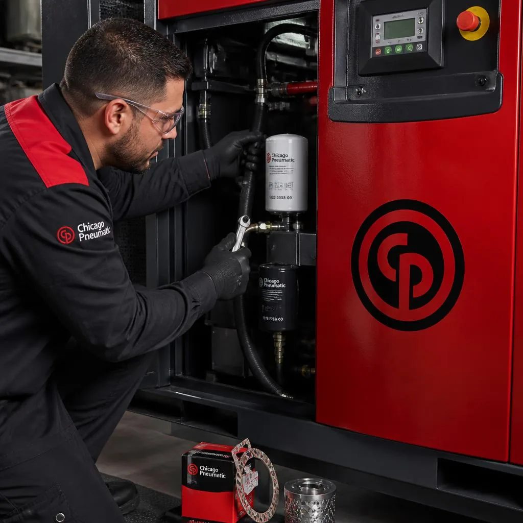 Técnico HT Compressores em serviço Chicago Pneumatic