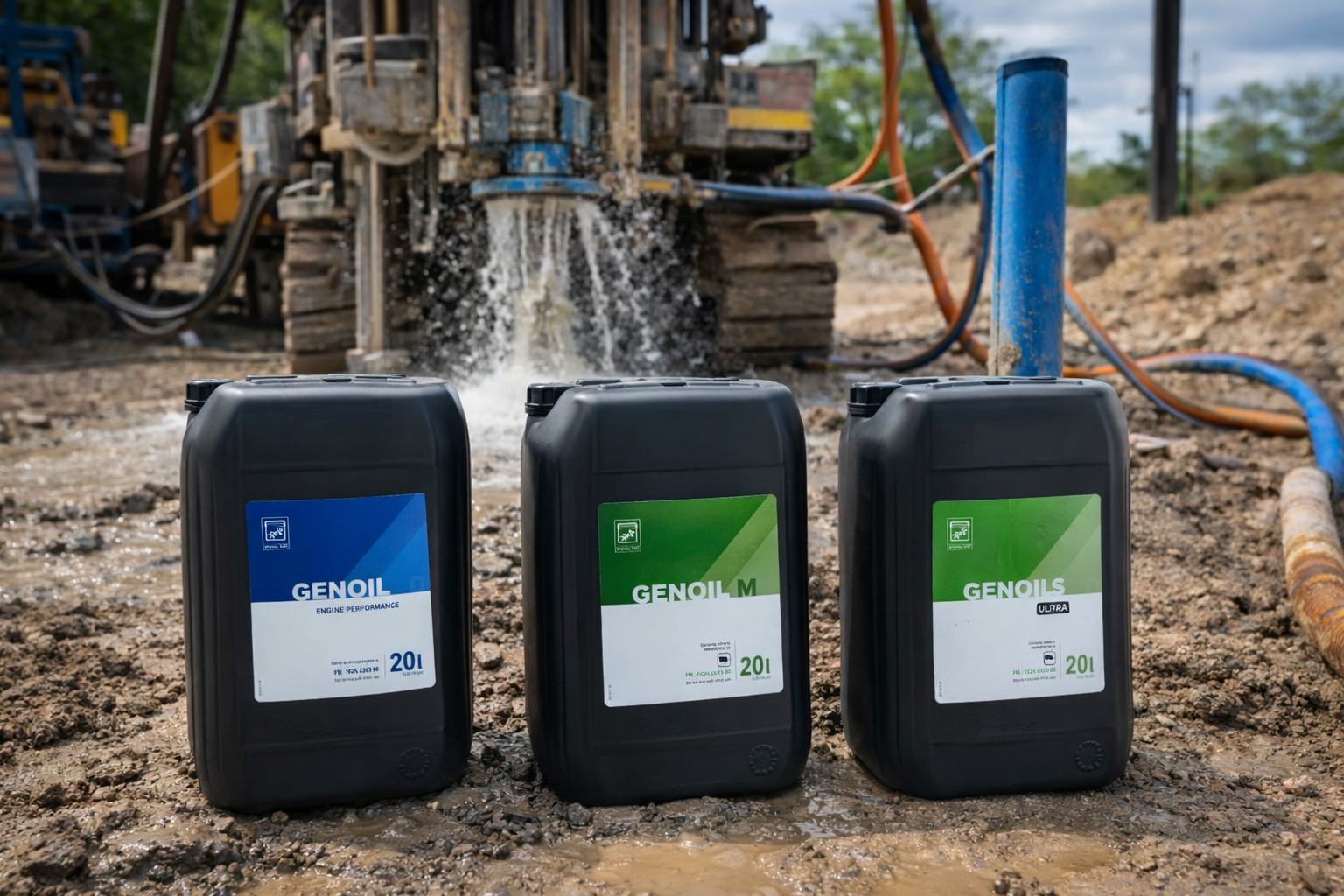 Três jerrycans de GenOil no canteiro